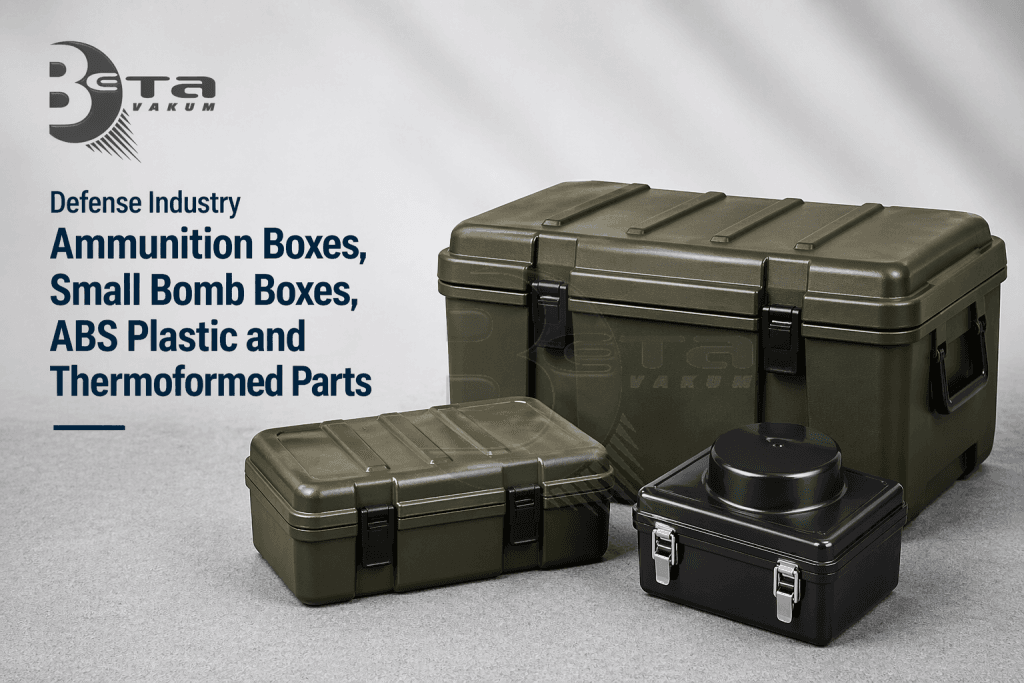 Defense Industry: Ammunition Boxes, Small Bomb Boxes, ABS Plastic and Thermoformed Parts with Beta Vacuum logo on a gray backdrop.