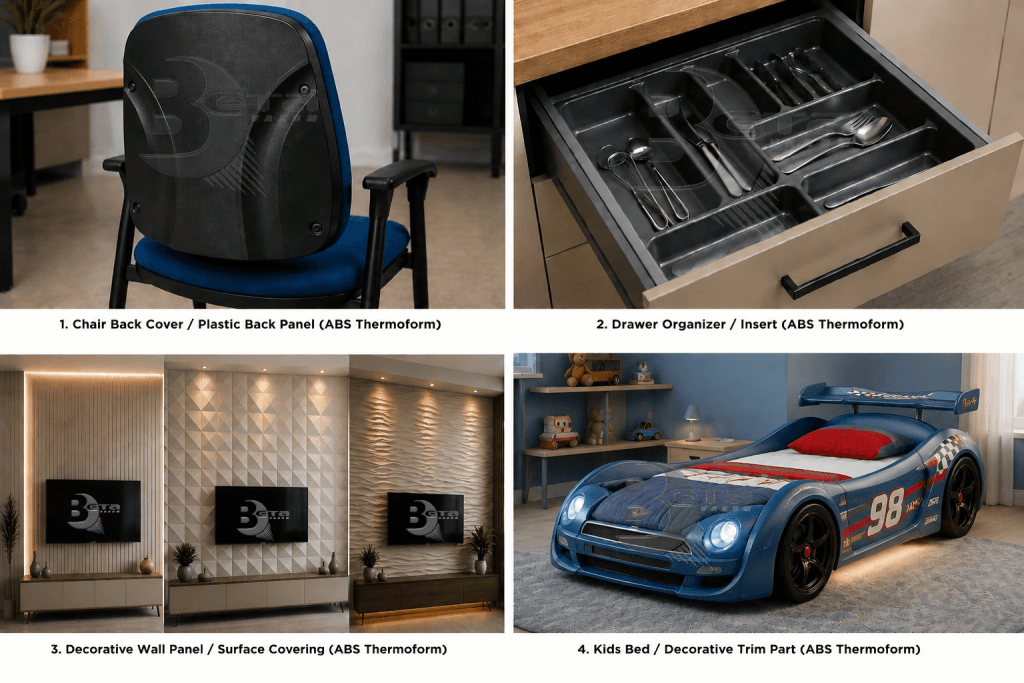 ABS thermoformed furniture plastic parts — chair back panel, drawer insert, wall panel and kids bed trim — Beta Vakum