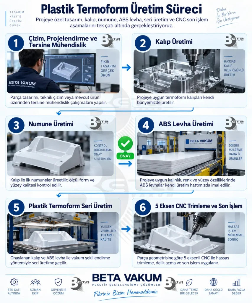 Beta Vakum ve Plastik plastik termoform üretim süreci: çizim, kalıp, numune, ABS levha üretimi, seri üretim ve 5 eksen CNC trimleme